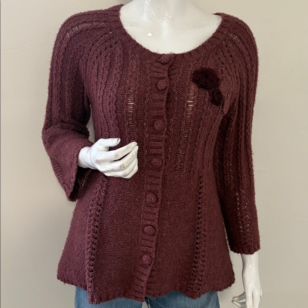 Vintage Y2K DKNY Jeans Knit Wool & Mohair Blend Babydoll Cardigan Maroon Rosette